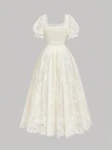 SHEIN MOD Váy satin thêu ren lãng mạn, thanh lịch, màu mơ cỡ lớn, viền bèo nhún và điểm nhấn nơ, thích hợp cho các buổi hẹn hò, tiệc tùng, ngày lễ, tiệc trà, sinh nhật, váy lễ Phục sinh cho nữ, váy dạ hội, quần áo mùa hè, trang phục nghỉ lễ cho nữ, váy dự tiệc cưới cho nữ, váy trang trọng cho nữ, váy tốt nghiệp, váy sinh nhật cho nữ - Màu be - Xem 3