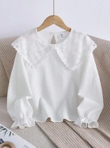 Girls' Casual Long Sleeve Lace Trim Pullover Blouse, Elegant Floral Embroidered Collar Shirt For Outings, Simple White Top - White - View 6