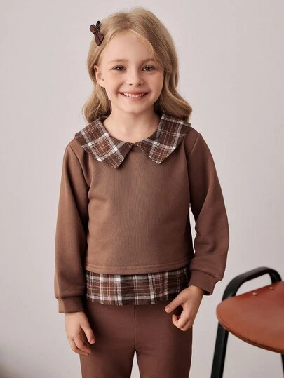 PrepCrw Young Girl Collegiate Style Color Block 2 In 1 Sweatshirt Brown Plaid Top , Fall