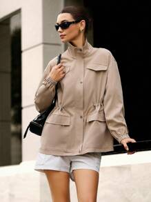 Hanevo Women's New Casual Waist Cinched Long Sleeve Jacket Fall Winter Cloth For Women - Khaki - View 1
