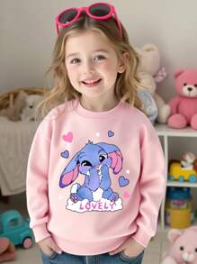 SHEIN Young Girl' Casual Creative Blue Rabbit Graphic Print Basic Round Neck Sweatshirt Fall Winter - Pink - View 3