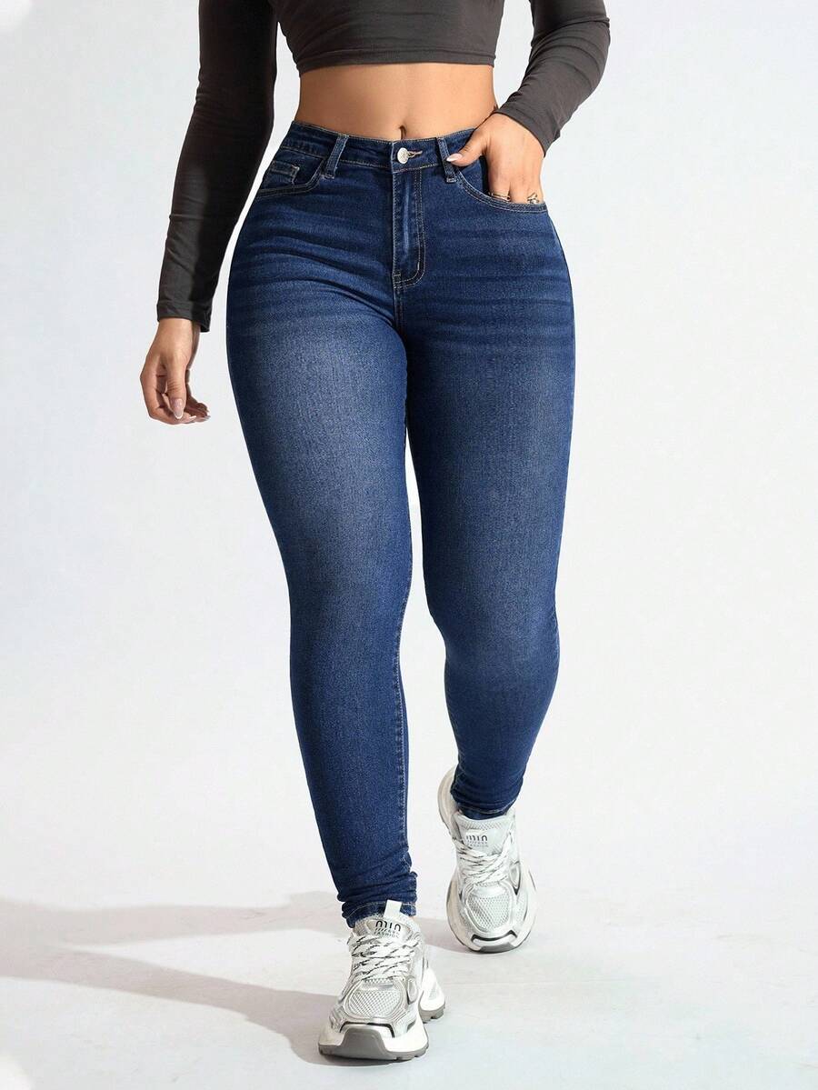 SHEIN ICON 大码休闲水洗深蓝色修身紧身牛仔裤