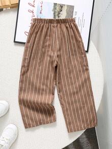 SHEIN 男童休闲舒适百搭条纹直筒裤 - 棕色 - 查看 8