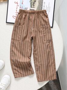 SHEIN 男童休闲舒适百搭条纹直筒裤 - 棕色 - 查看 4