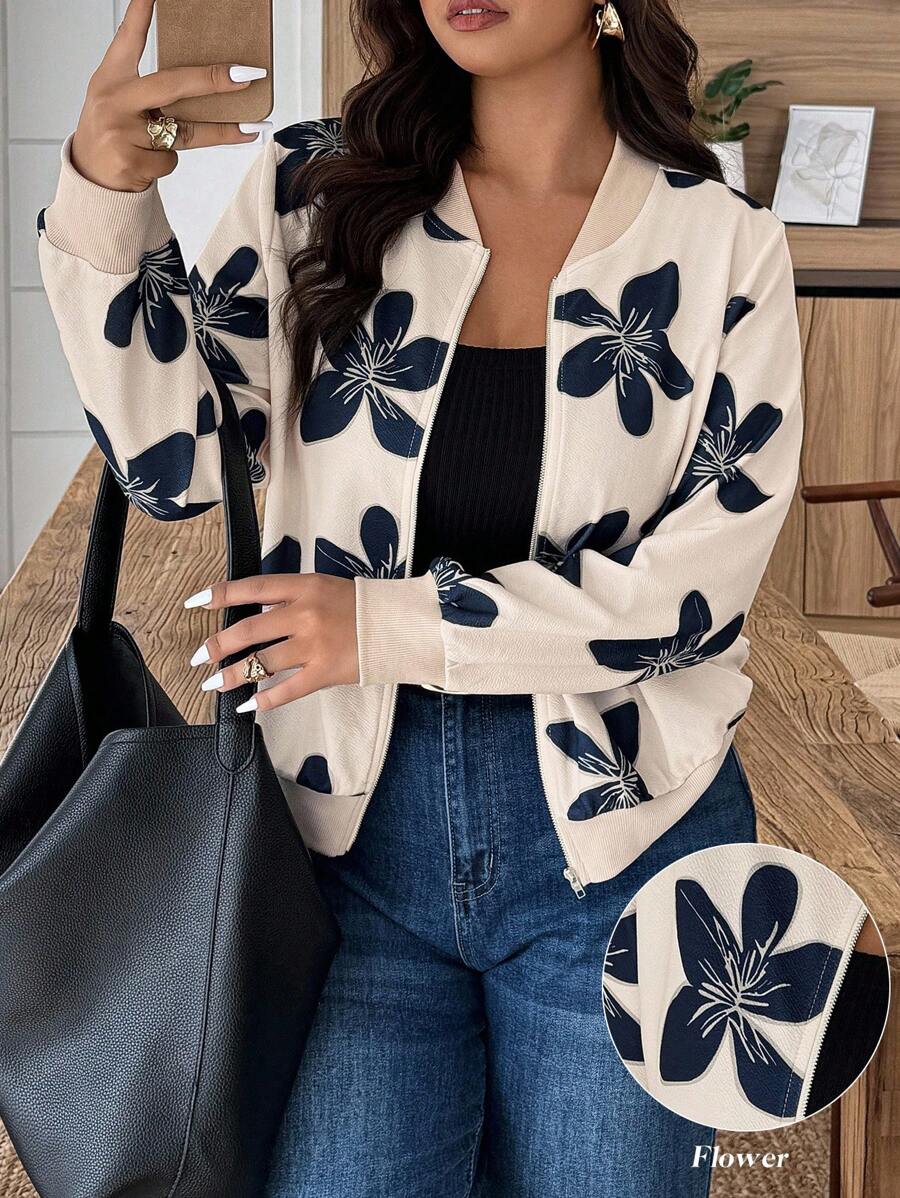 Weeklong 春秋季大码花卉印花拼布休闲夹克 - 杏色 - 查看 1