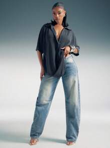 Denimoi Áo thun tay ngắn cổ bẻ rộng quá khổ - Xám - Xem 3