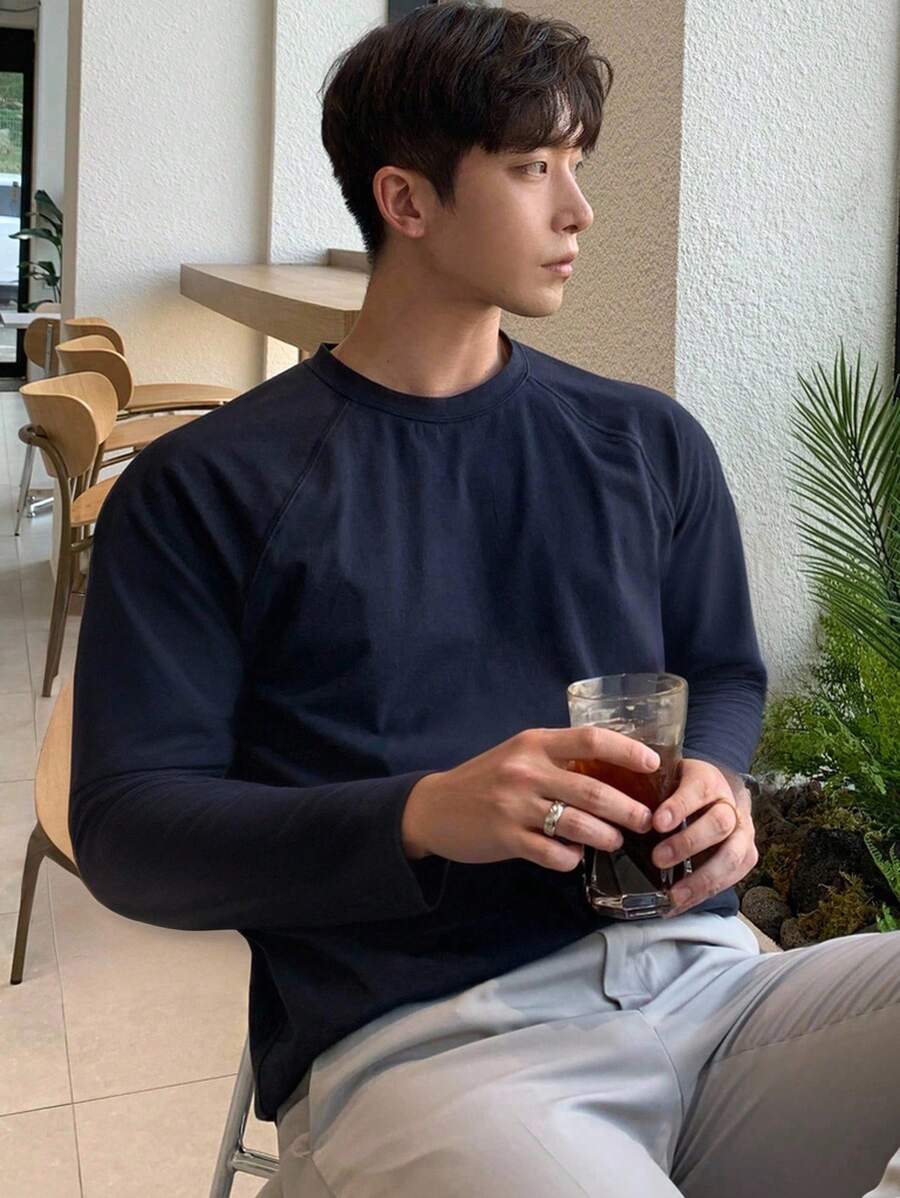 DAZY 男士海军蓝色长袖休闲圆领T恤，秋季 - 藏蓝色 - 查看 1