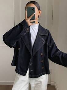 DAZY Women's Short Lapel Loose Denim Jacket And Coat