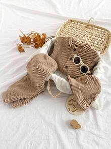 SHEIN 2 Stücke Baby Mädchen Set mit Rundhals Strickjacke Pullover & Leggings mit elastischem Bund, lässige koreanische Mode Outfit mit Mütze, bequem & weich für Herbst/Winter