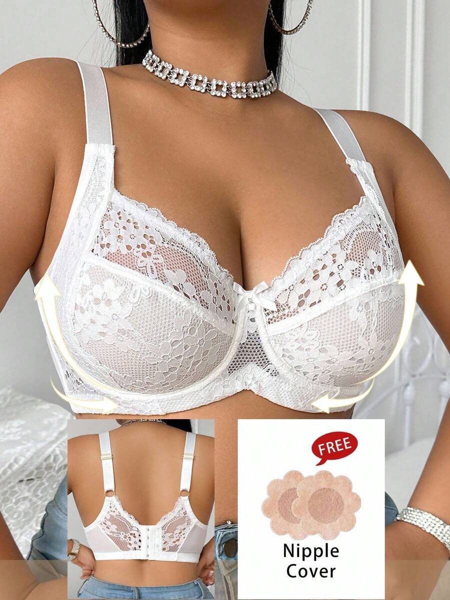 SHEIN Plus Size Solid Color Sexy Lace Bra With Underwire, Lift