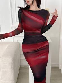 Modelyn 优雅扎染图案女式紧身连衣裙 - 紅色 - 查看 1