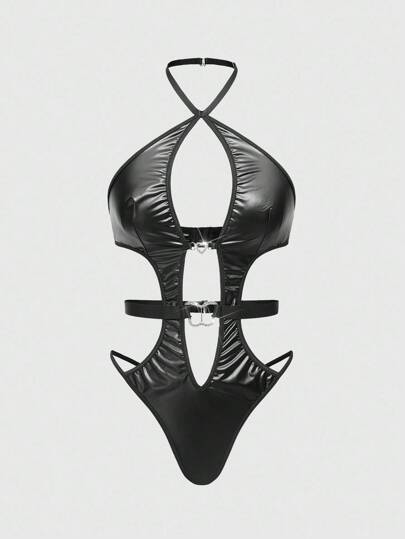 Grunge Punk Dark Punk PU Heart & Butterfly Buckle Sexy Lingerie Set