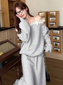DAZY Women's Casual Ruffled Shoulder & Skirt 2 Pieces Set, Spring/Autumn Off Shoulder Top - Grey - View 3