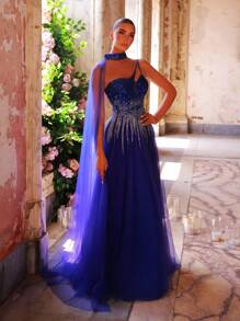 Glamrae Đầm Maxi cổ lệch vai thêu sequin ombre màu xanh navy thanh lịch & sang trọng với viền chân váy rộng & đuôi váy, đầm dạ hội trang trọng - Xanh đậm - Xem 5