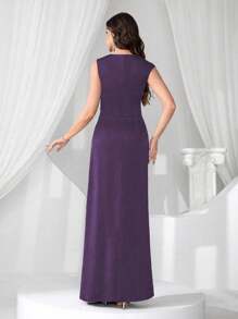 Coutiva Váy dạ hội cao cấp, váy dạ hội khiêu vũ có miếng vá sequin, phong cách quý cô sang trọng thanh lịch - Màu tím - Xem 2