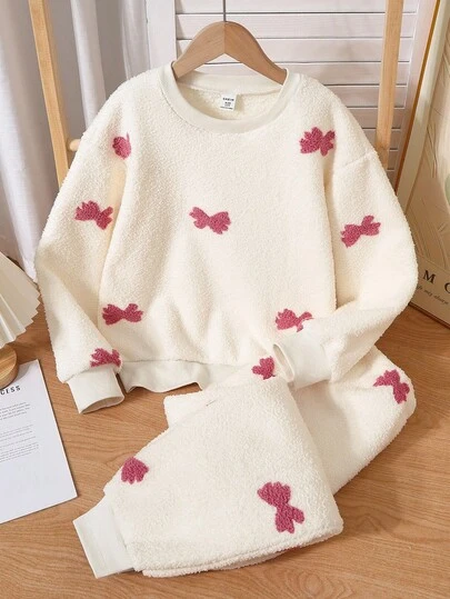 女童蝴蝶结刺绣长袖和长裤羊毛休闲优雅睡衣套装，米色