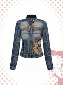 Betty Boop | ROMWE Chaqueta y abrigo de mujer retro desgastado de estilo vintage para motero, columpio Betty - Azul - Ver 2