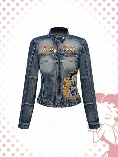 Betty Boop | ROMWE Vintage Biker Chick Betty Collab Distressed Retro Women Denim Jacket And Coat