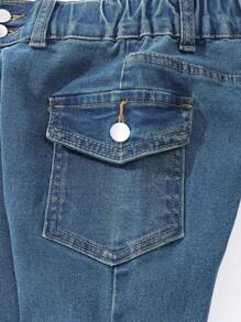 SHEIN Explorewe Girls Casual Multi-Pocket Elastic Waist Black Washed Cargo Flare Jeans Fall Winter - Dark Wash - View 3