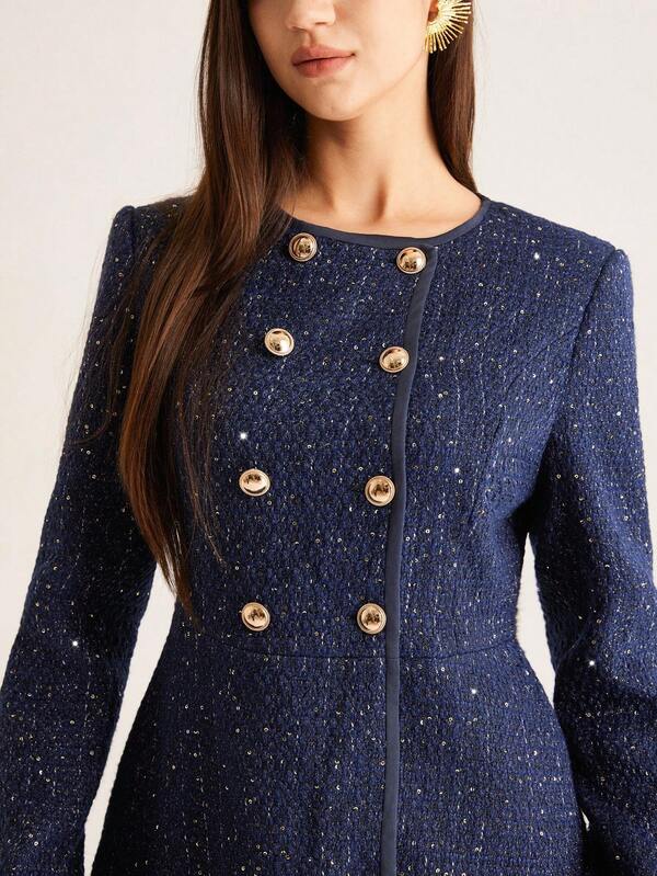 Aveloria Rosie Round Neck Sequin Tweed Solid Color Business Commute Elegant Double-Breasted Blazer