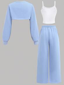 SHEIN Girlism 3件套青少年女孩休闲运动衫搭配印花吊带背心和阔腿运动裤套装 - 藍白色 - 查看 2