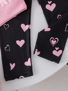 Elladie kids Young Girls Cute Everyday Outfit, Cat Print Headscarf, Round Neck Long Sleeve Grey Top, Pink Heart Print Black Pants, Children Autumn Casual Wear Fall Winter - Pink - View 4