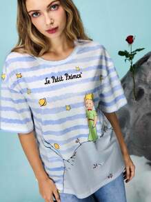 LE PETIT PRINCE X SHEIN Áo thun sọc xanh rộng rãi cho nữ, Trở lại trường, Áo đi học, Áo cơ bản, Họa tiết hoạt hình, Họa tiết chữ, Họa tiết hành tinh, Họa tiết cáo, Họa tiết màu nước, Áo thun mùa thu và mùa đông - Xanh và trắng - Xem 4