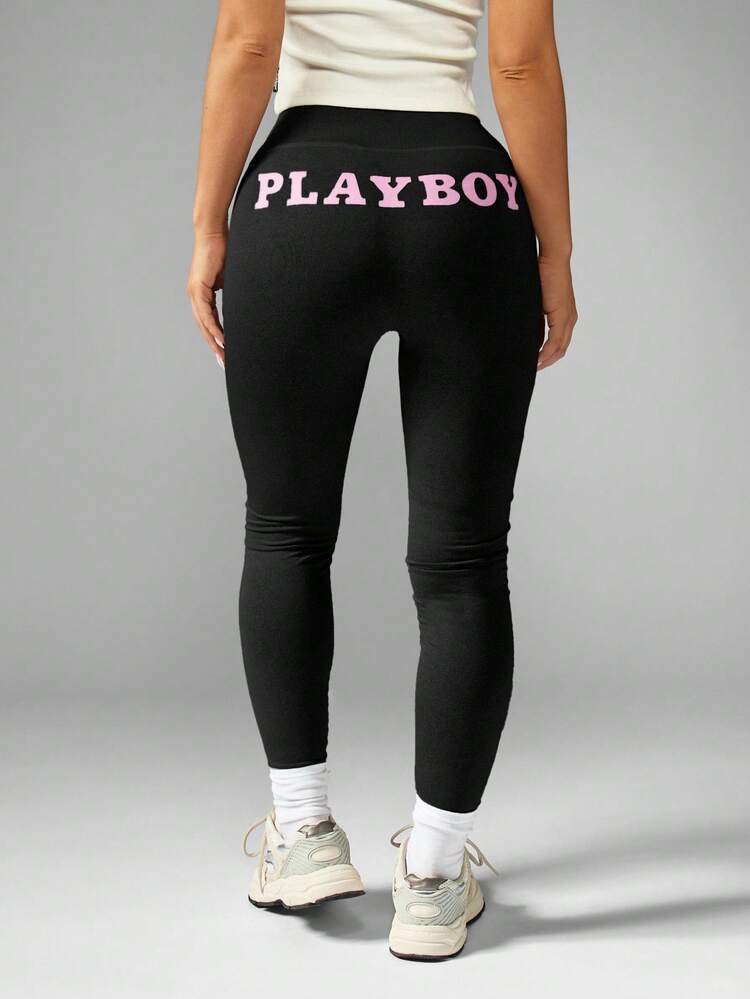 Missguided x Playboy High Waist Compression Leggings Performance Moisture Wicking Breathable Yoga Running Exercise Tights With Logo Print