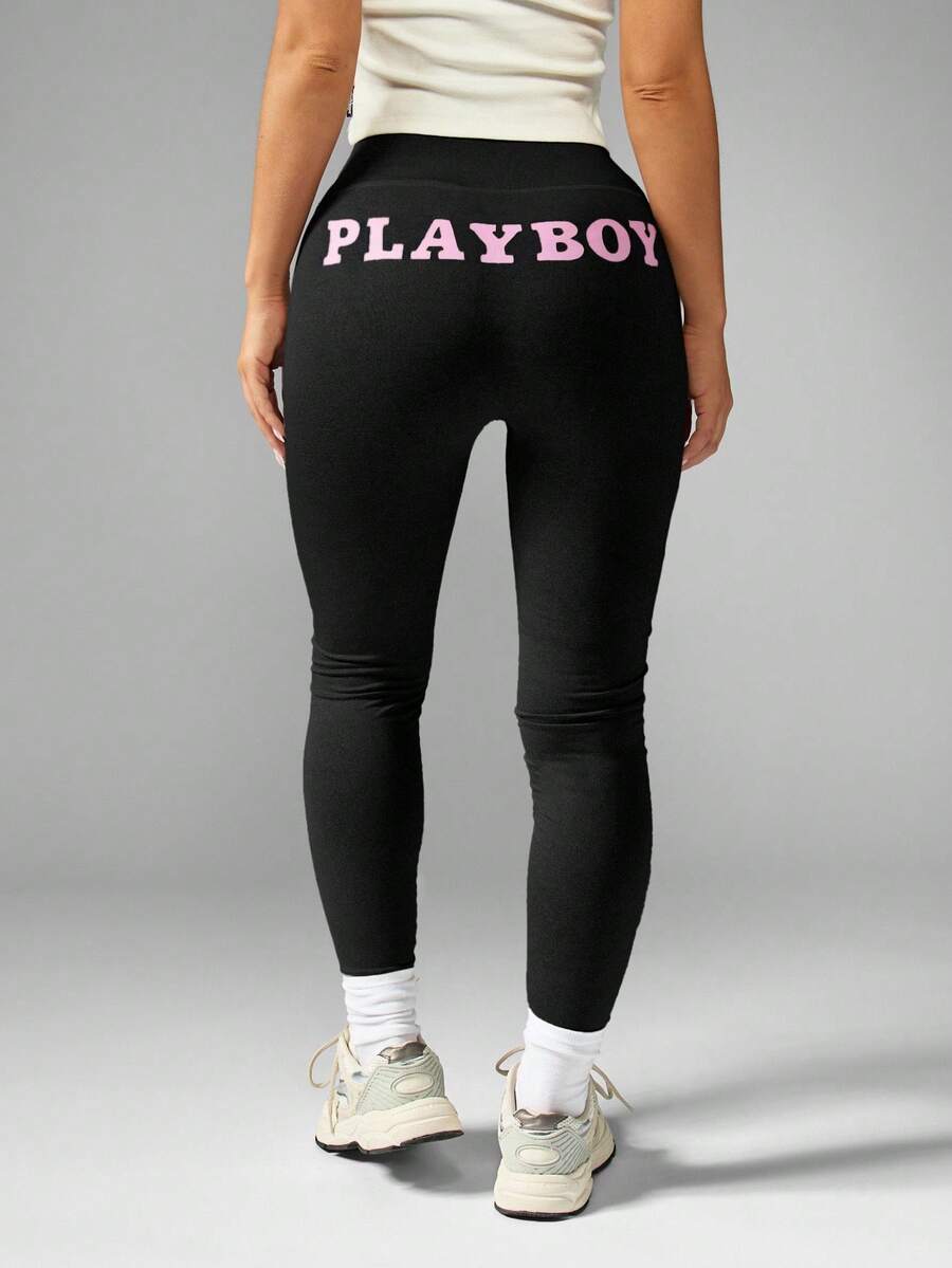 Missguided x Playboy Hochtaillierte Kompressionsleggings mit feuchtigkeitsableitender und atmungsaktiver Leistung, Yoga-Lauf-Trainingstights mit Logo-Muster - Schwarz - Übersicht 1