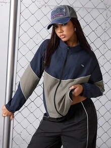 SHEIN Sports Women Sports Jackets Y2K Zip-Up Loose Casual Jacket, Spring & Autumn, Fall Winter Jackets, Nylon Jackets, Sportswear, Daily Wear Jacket Activewear, Sportwear, Tracksuit, Back To School, Retro Streetwear Streetstyle. Preppy, Blokecore, Women Athleisure Women Athleisure Wear Jacket Women Track Jacket Zip Up Jacket Women Workout Zip Up Sportswear Women Women Athleisure - Black - View 4