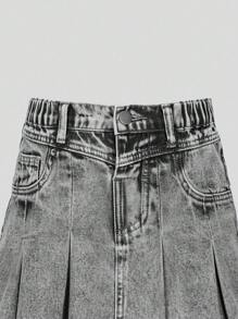 SHEIN Tween Girls Vintage Washed Denim Fashionable Versatile Comfortable Casual Minimalist Elastic Waist Pleated Denim Skirt