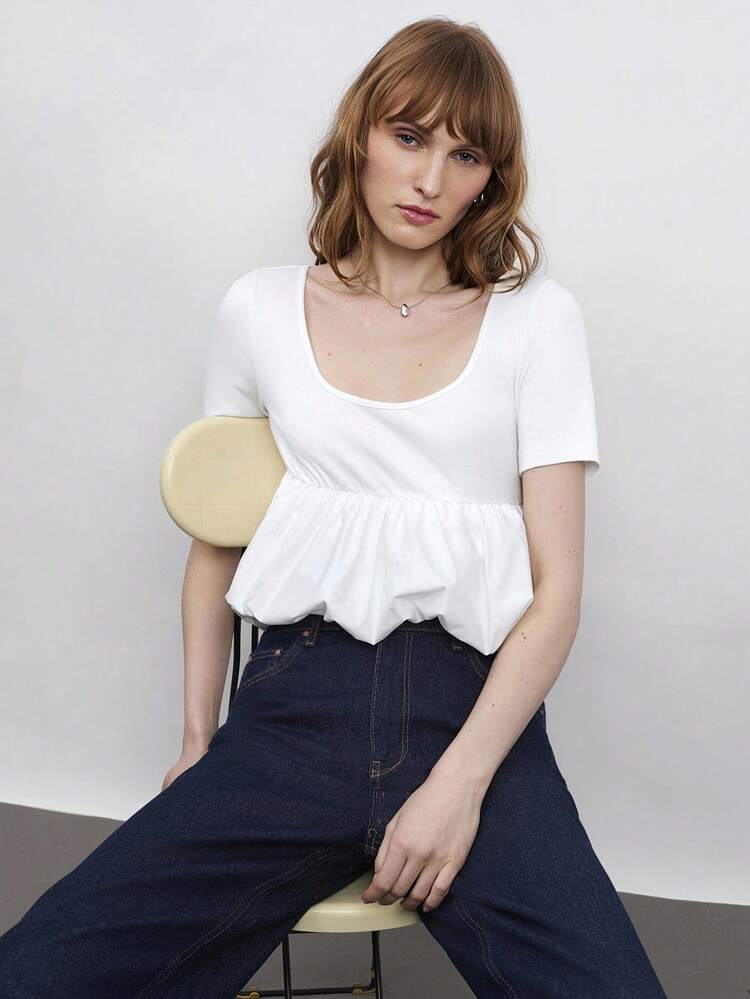 SHEIN Maija Women's White Large U-Neck Bubble Hem Design Spring/Summer Top, Elegant And Quirky Urban Fashion, Soft And Comfortable, Tight Fit, Long Sleeve Crew Neck, Bubble Hem Splice Accent, Romantic And Tasteful French Casual Chic Cruise Wear