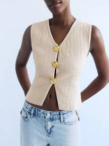 Maija Áo cánh dệt kim bó sát cổ chữ V màu trơn họa tiết hoa kim loại mùa hè cho nữ - Màu be - Xem 4