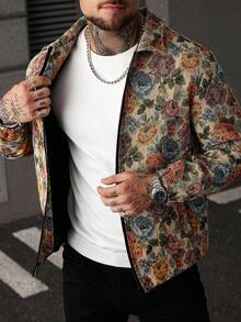 Manfinity Homme Men's Long Sleeve Street-Style Jacket, INS Matching, Jacquard Jacquard Fabric, Casual Wear, Gift For Boyfriend/Husband, Anniversary Gift, Zip-Up Jacket Men Floral Jacket , Fall - Multicolor - View 3