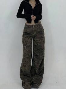 Dazy Tall 女款大尺碼迷彩印花寬鬆工裝貨物褲/牛仔褲，適合高個女性 - 軍綠色 - 查看 6