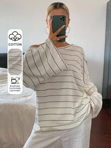 DAZY 女式条纹不对称领口宽松休闲街头风格T恤秋季上衣 - 黑與白 - 查看 1