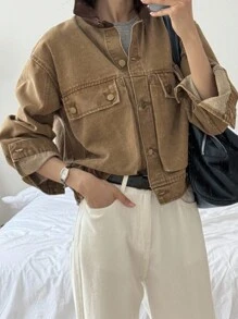 DAZY Women's Color Block Patchwork Collar Short Denim Jacket With Large Pockets, Casual Street Style