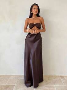 Aloruh Women's Sexy Elegant Rhinestone Bustier Cutout Backless Satin Maxi Dress,Women Dating Dress,Women Night Out Dress,Honeymoon Outfits Woman .Women Wedding Guest Dress,Elegant Dresses For Party Birthday Dresses For Women,Club Outfits Women Sexy,Brown Dress