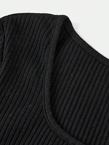 SHEIN 2pcs/Set Tween Girl Street Casual Tight Asymmetrical Hem U-Neck Long Sleeve Rhinestone Decor T-Shirt And Vintage Minimalist Casual Pants Outfit - Black - View 4