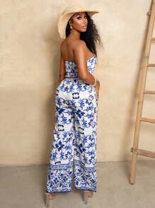 Quần yếm BamGleam mùa hè / kỳ nghỉ bãi biển, áo siêu ngắn in hoa viền bất đối xứng, quần ống rộng siêu dài, bộ hai món - C - Nhiều màu - Xem 2