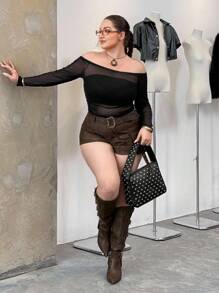 SHEIN EZwear Plus Size Women Mesh See-Through Bodycon Off Shoulder Long Sleeve Top - Black - View 3