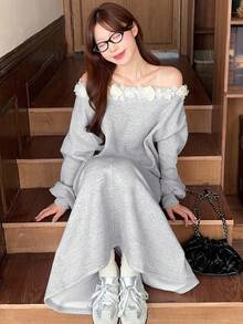 DAZY Women's Casual Ruffled Shoulder & Skirt 2 Pieces Set, Spring/Autumn Off Shoulder Top - Grey - View 1