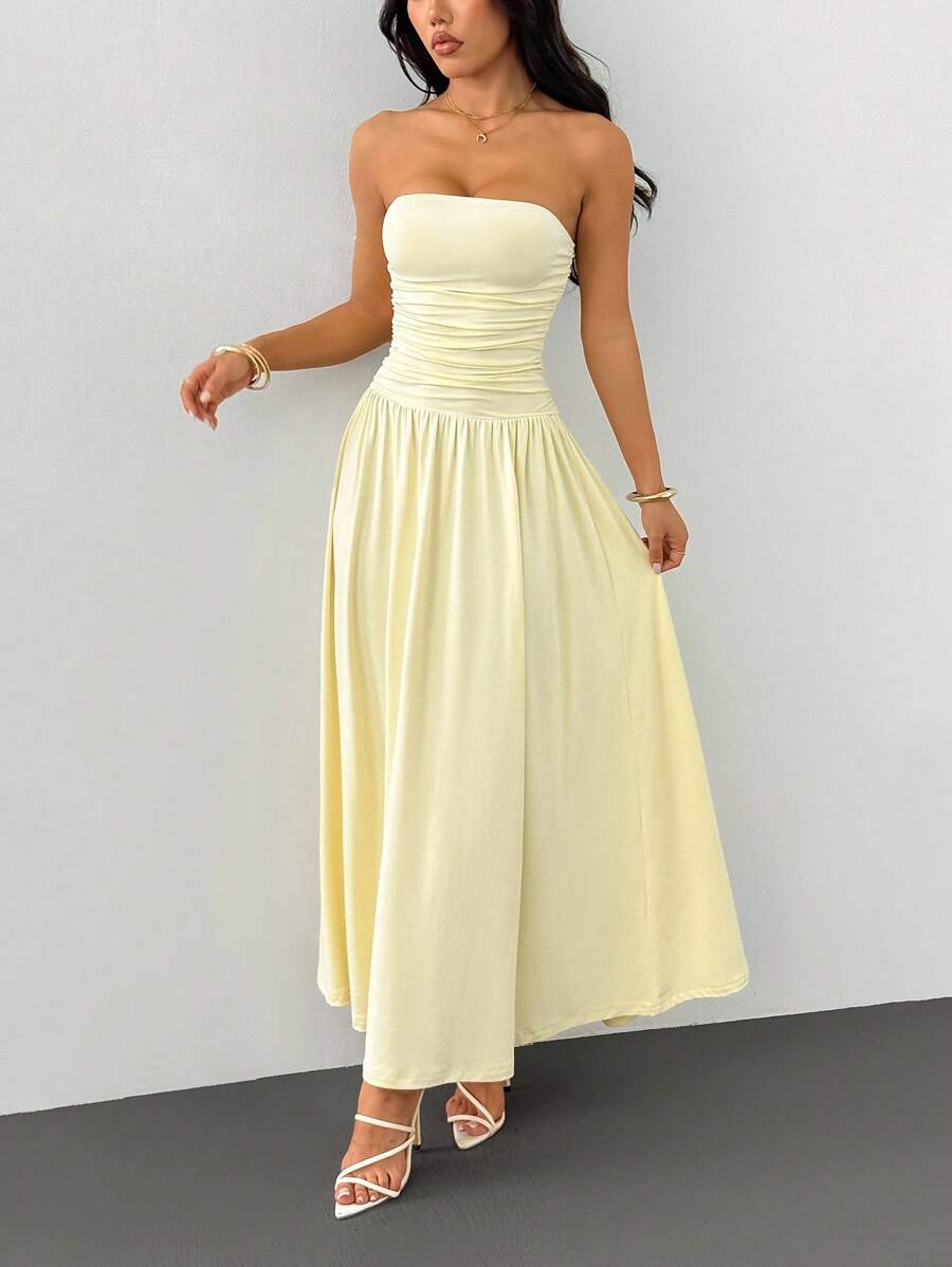 SHEIN PETITE Váy ống suông nhún bèo màu trơn dành cho nữ, thanh lịch cho mùa hè - Màu vàng - Xem 1