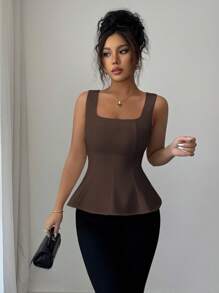 Elenzga 女士优雅方领无袖上衣，前开衩设计，适合办公室、通勤、下午茶、派对、度假、休闲穿着，春夏皆宜。 - 棕色 - 查看 3