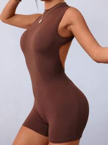 Easithlete Tight Hollow-Out Jumpsuit For Women, Suitable For Yoga & Outdoor Activities - Brown - View 1