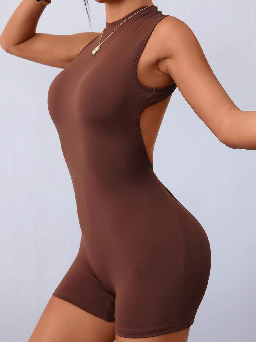 Easithlete Tight Hollow-Out Jumpsuit For Women, Suitable For Yoga & Outdoor Activities - Brown - View 1