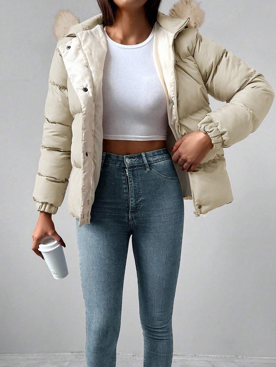 毛絨裝飾連帽棉裝外套,側邊口袋設計 - 白色 - 查看 1