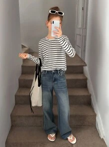 SHEIN Tween 女童常规条纹长袖 T 恤，休闲春秋季 - 白色 - 查看 5