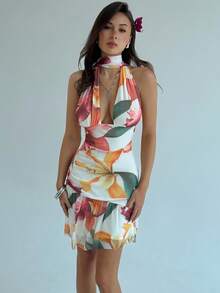 Aloruh Váy ôm sát lưng hở lưng in hoa, gợi cảm, trang phục đi nghỉ cho nữ, đầu thu - Nhiều màu - Xem 4