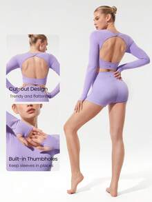 GLOWMODE Second-Skin 无缝交叉露背圆领短款长袖上衣，带拇指孔，低冲击瑜伽普拉提工作室日常休闲装，可拆卸罩杯 - 紫丁香色 - 查看 4